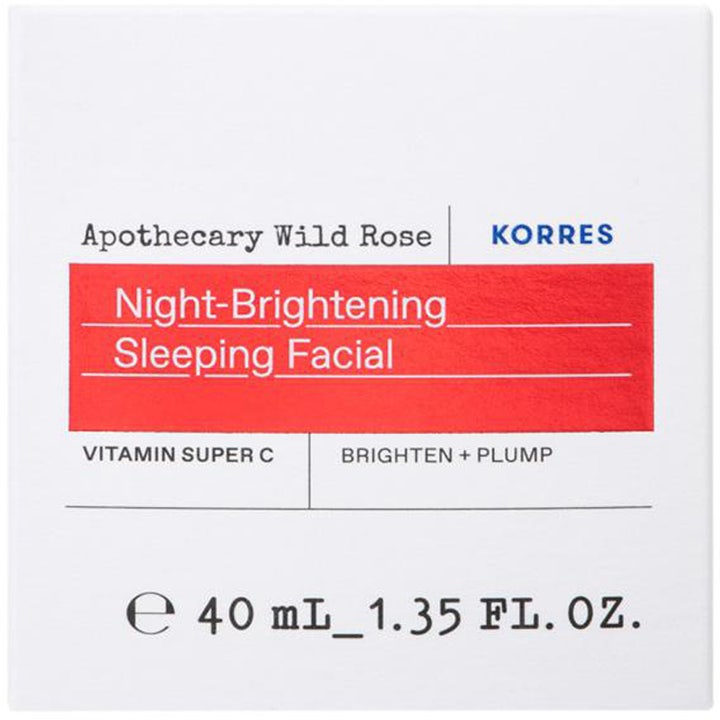 KORRES Apothecary Wild Rose 40 ml heleyttävä yövoide valkoisessa pahvipakkauksessa jossa on punainen etiketti