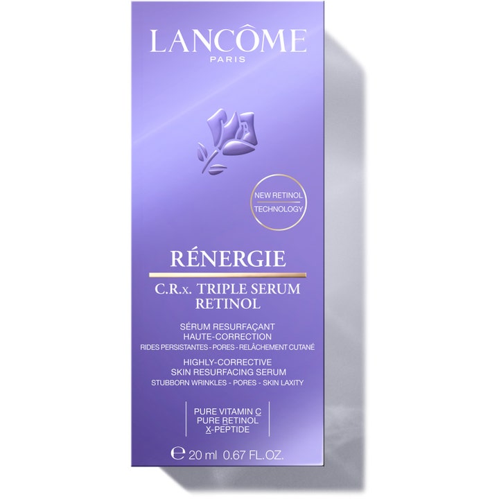 Lancôme Rénergie C.R.x Triple Serum Retinol 20 ml silottava kasvoseerumi purppuranvärisessä pakkauksessa.
