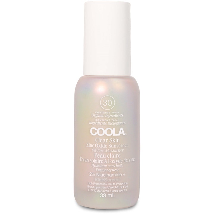 COOLA Clear Skin Zinc Oxide Sunscreen 33 ml niasiiniamidia sisältävä öljytön aurinkovoide helmiäishohtoisessa pullossa