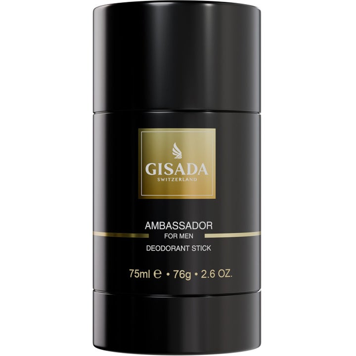 Gisada Ambassador for Men 75 ml raikastava deodoranttipuikko tyylikkäässä mustassa hylsyssä kultaisilla yksityiskohdilla.