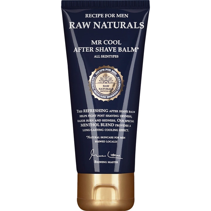 Raw Naturals Mr Cool After Shave Balm 100 ml rauhoittava voide tummansinisessä tuubissa pronssisella korkilla