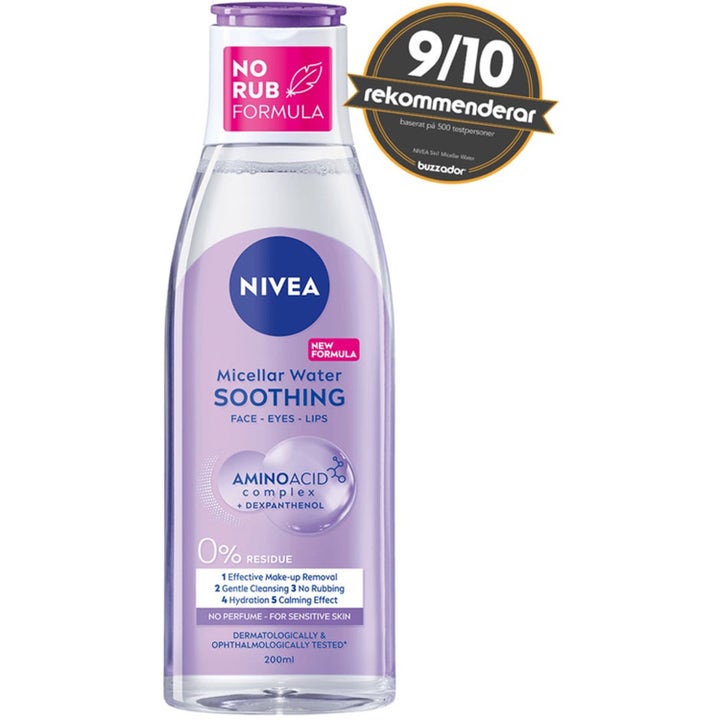 NIVEA Micellar Water Soothing 200 ml rauhoittaa ihoa ja puhdistaa hellästi kirkkaassa pullossa jossa on lila etiketti
