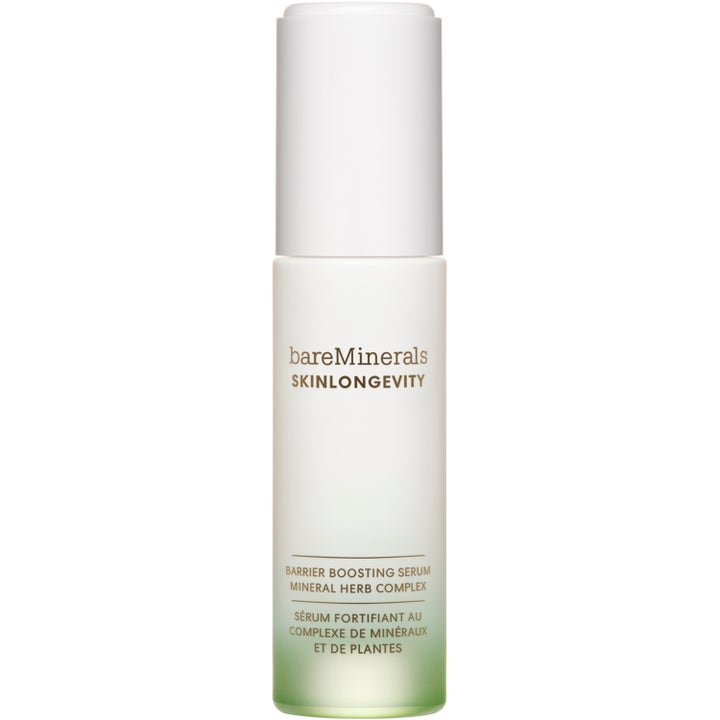 bareMinerals Skinlongevity Barrier Boosting Serum vahvistava kasvoseerumi valkoisessa pullossa vihreällä liukuvärillä