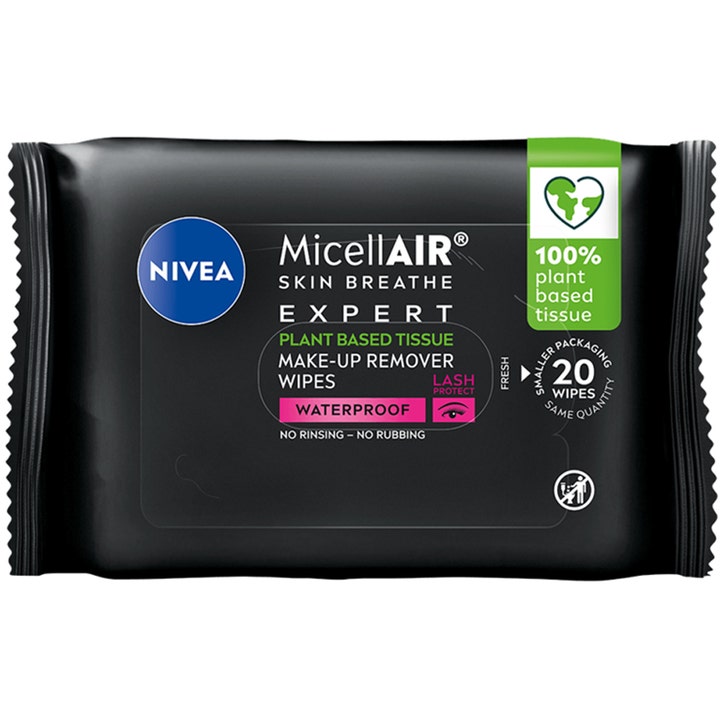 NIVEA MicellAIR Expert Wipes 20 kpl puhdistusliinat vedenkestävän meikin poistoon mustassa pakkauksessa.