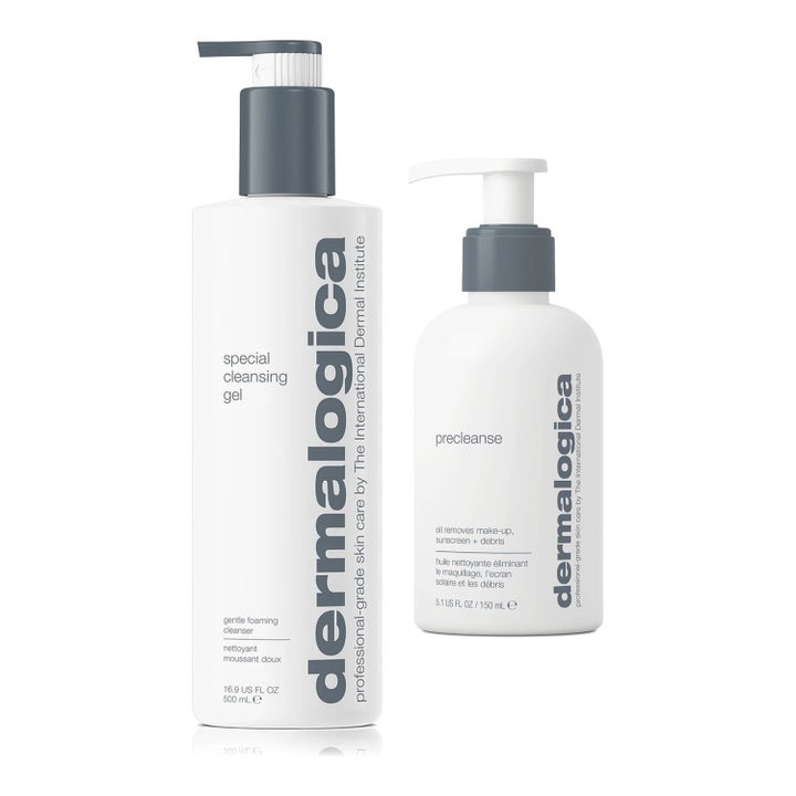 Dermalogica Special Cleansing Gel ja Precleanse puhdistussetti kirkastaa ihoa kahdessa valkoisessa pumppupullossa.