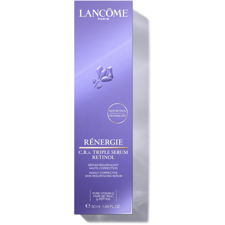 Lancôme Rénergie C.R.x Triple Serum Retinol 50 ml uudistava kasvoseerumi violetissa pakkauksessa hopeisilla teksteillä