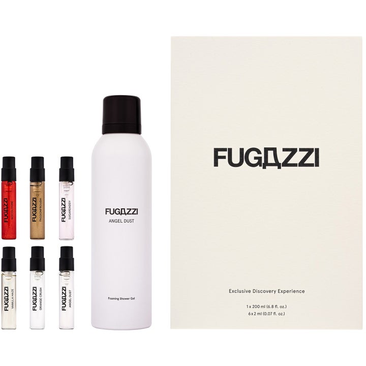 Fugazzi Fugazze Bestseller Set 212 ml vartalonhoitosetti, jossa valkoinen suihkuvaahto ja kuusi pientä näytepulloa.