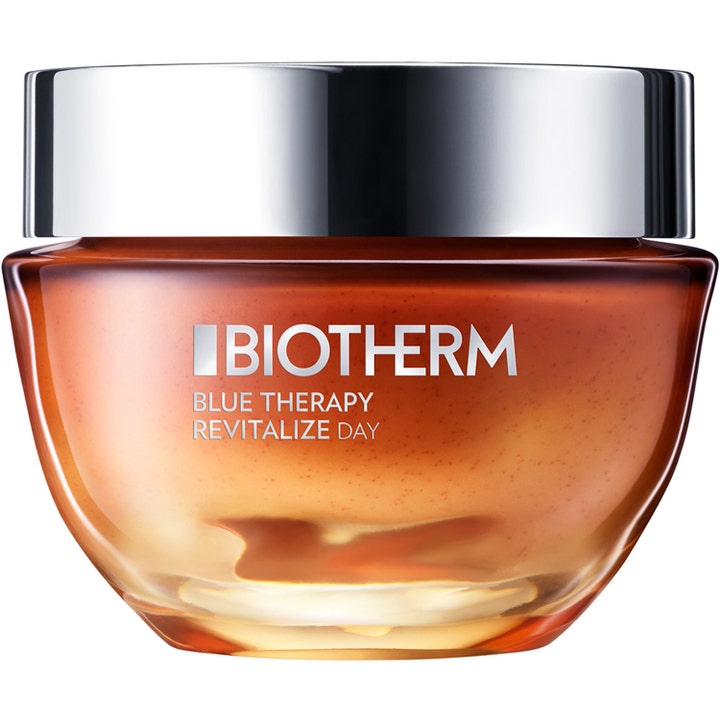 Biotherm Blue Therapy Revitalize Day uudistava päivävoide oranssissa lasipurkissa, jossa on kiiltävä hopeakansi.