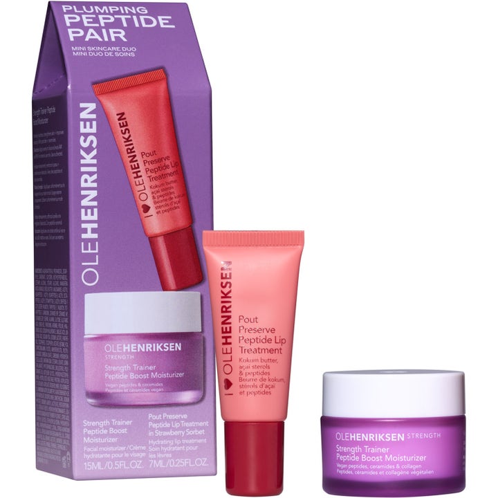 Ole Henriksen Plumping Peptide Pair 15 ml ja 7 ml kiinteyttävä ihonhoitosetti violetissa purkissa ja persikkaisessa tuubissa.