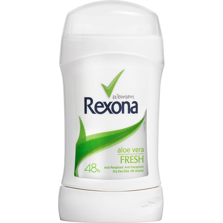 Rexona Women Aloe Vera Fresh 48h antiperspirantti on valkoinen deodoranttitikku, jossa on vihreä aloe vera -kuva.
