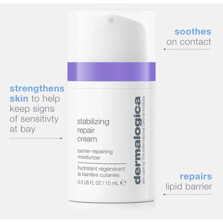 Dermalogica Stabilizing Repair Cream 15 ml rauhoittava kasvovoide valkoisessa pumppupullossa violetilla raidalla