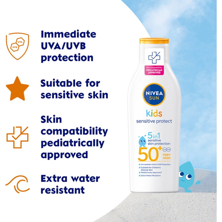 NIVEA Sun Kids Protect & Sensitive 200 ml aurinkovoide antaa suojan SPF50+ ja sopii herkälle iholle.