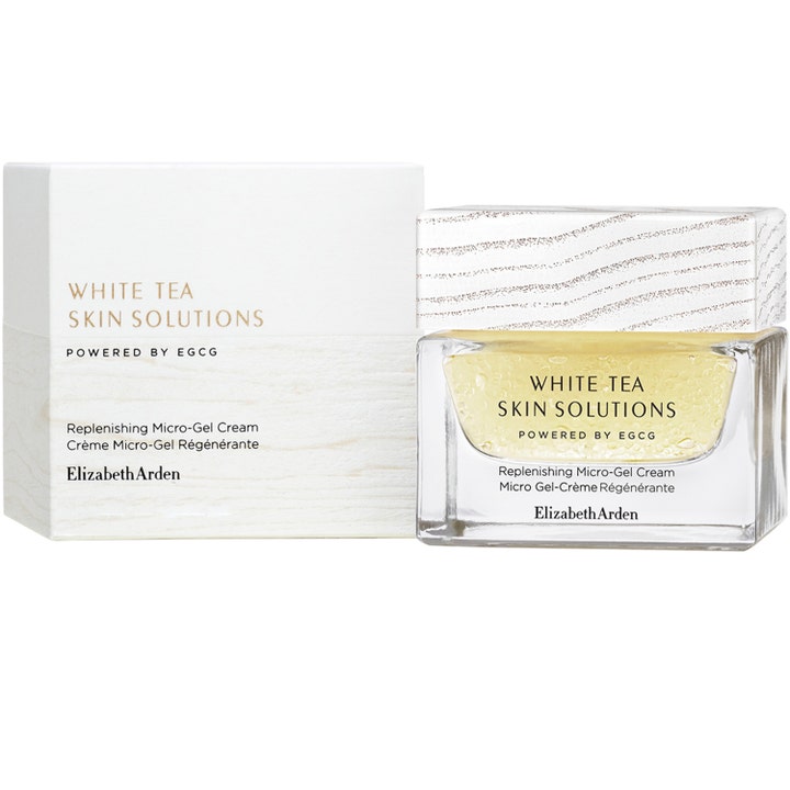 Elizabeth Arden White Tea Skin Replenishing Micro-gel Cream 50 ml uudistava kasvovoide lasipurkissa ja pakkauksessa.