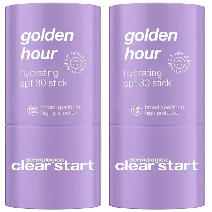Dermalogica Clear Start Golden Hour kosteuttava aurinkosuojapuikko SPF 30 kaksi vaaleanliilaa lieriönmuotoista pakkausta.