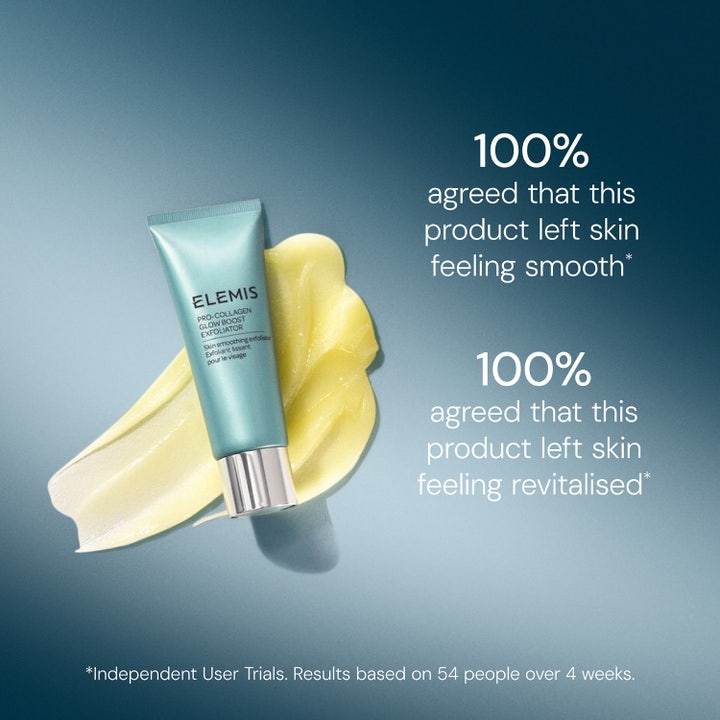 Elemis Pro-Collagen Glow Boost Exfoliator 100 ml heleyttävä kuorinta ja keltainen ihoa silottava ja elvyttävä koostumus.