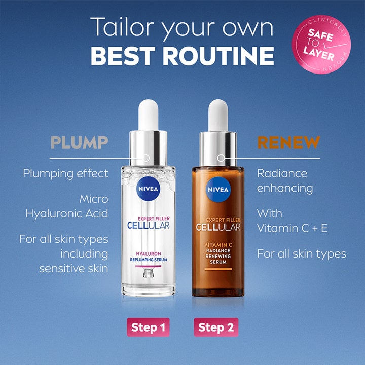 NIVEA Cellular Expert Filler Vitamin C 30 ml heleyttävä seerumi ja hyaluroniseerumi vaiheittaisessa rutiinissa.