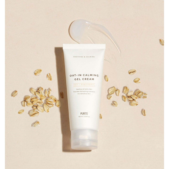 Purito Oat-in Calming Gel Cream 100 ml rauhoittava kasvovoide valkoisessa tuubissa kaurahiutaleiden ja voiteen kera.