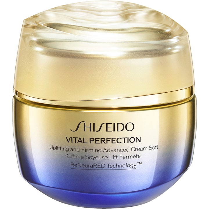 Shiseido Vital Perfection Advanced Cream Soft kohottava kasvovoide kultaisessa ja liilassa liukuvärjätyssä purkissa