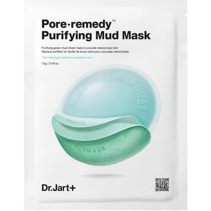 Dr. Jart+ Pore·remedy Purifying Mud Mask 13 g syväpuhdistava kangasnaamio valkoisessa pakkauksessa, jossa vihreää savea.