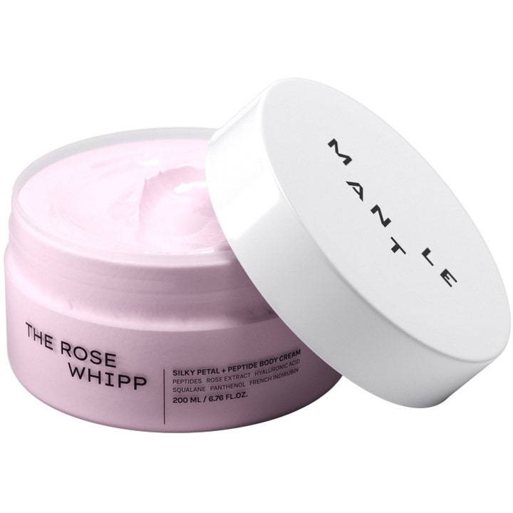 MANTLE The Rose Whipp 200 ml silottava vartalovoide jonka vaaleanpunainen kermainen koostumus näkyy avatussa purkissa
