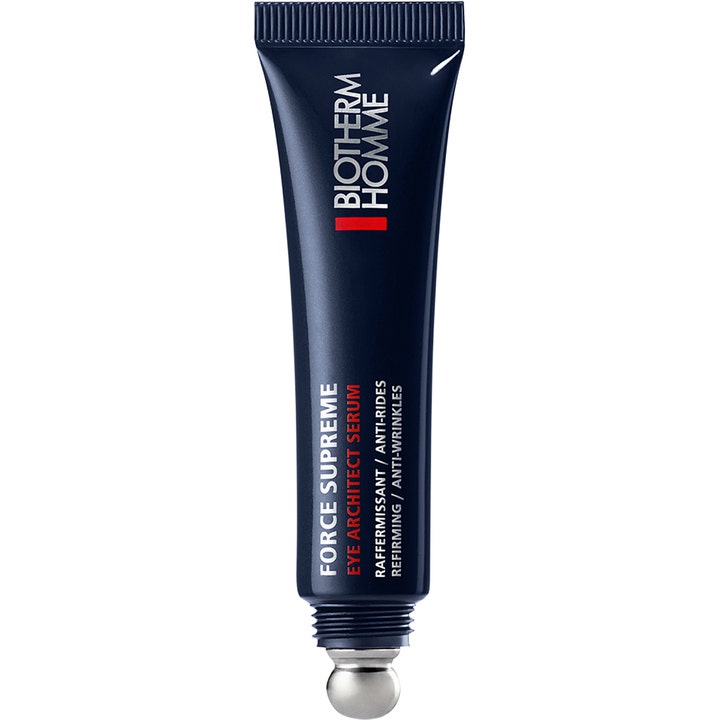 Biotherm Homme Force Supreme Yeux 15 ml kiinteyttävä silmänympärysseerumi tummansinisessä tuubissa metallisella rullalla