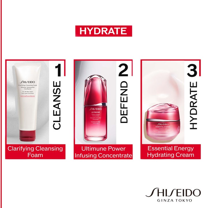 Shiseido Essential Energy Hydrating Day Cream 50 ml kosteuttava päivävoide osana kolmivaiheista ihonhoitorutiinia.