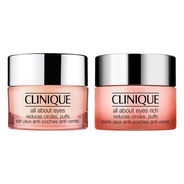 Clinique All About Eyes silmänympärysvoiteet vähentävät turvotusta kahdessa persikkaisessa hopeakantisessa purkissa.