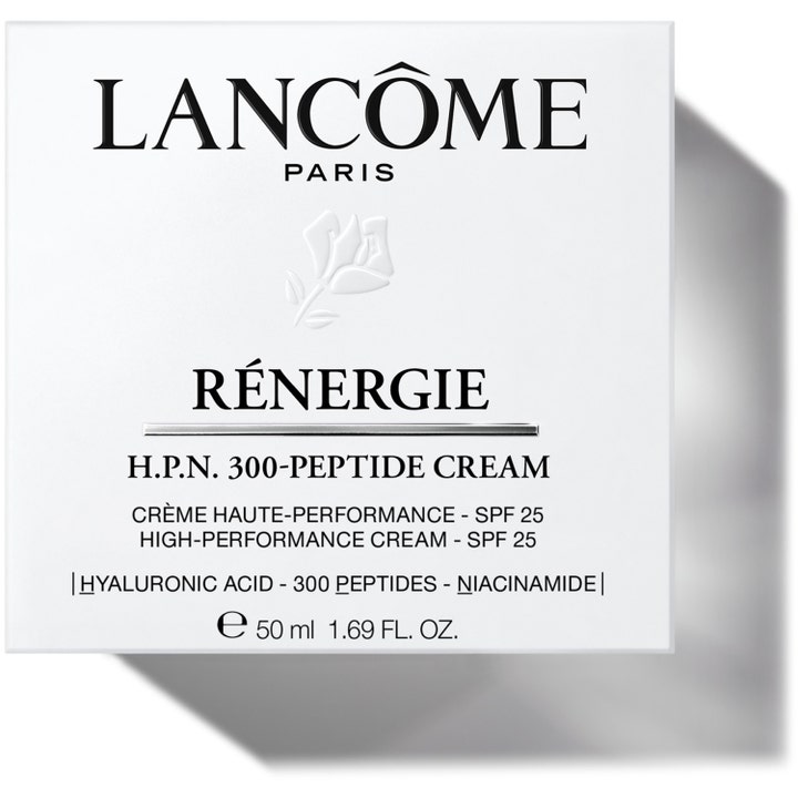 Lancôme Rénergie H.P.N. 300-Peptide Cream 50 ml SPF 25 päivävoide valkoisessa pahvipakkauksessa mustalla tekstillä