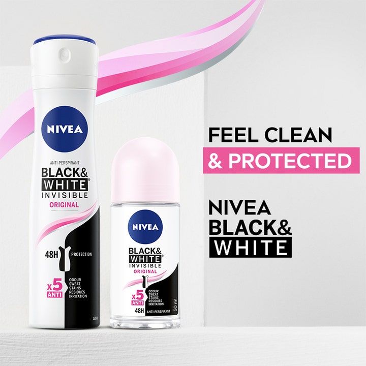 Nivea Black & White Original 150 ml antiperspirantti ja roll-on valkoisella taustalla tekstillä Feel Clean & Protected