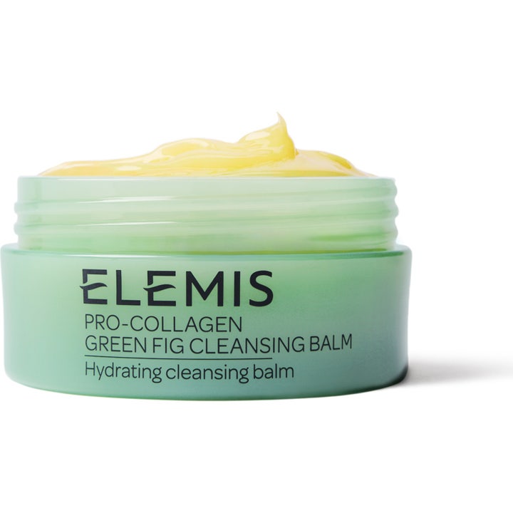 Elemis Pro-Collagen Green Fig Cleansing Balm kosteuttava puhdistusvoide vihreässä purkissa keltaisella voidekoostumuksella