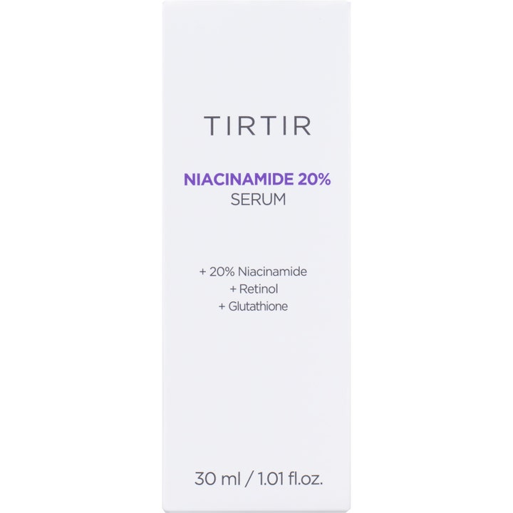 TIRTIR Niacinamide 20% Serum 30 ml kirkastava seerumi valkoisessa pakkauksessa jossa on niasiiniamidia ja retinolia.