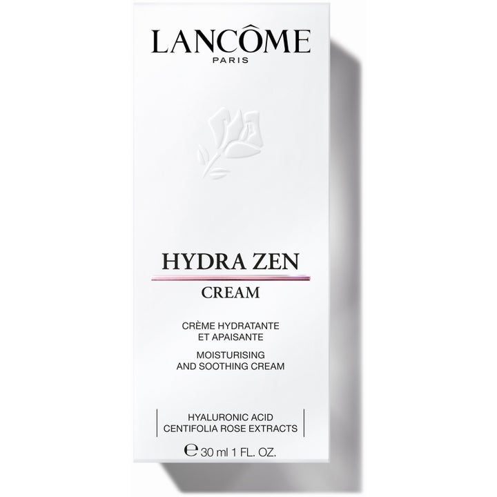 Lancôme Hydra Zen Anti-Stress Day Cream 30 ml kosteuttava päivävoide valkoisessa pakkauksessa, jossa hyaluronihappoa.