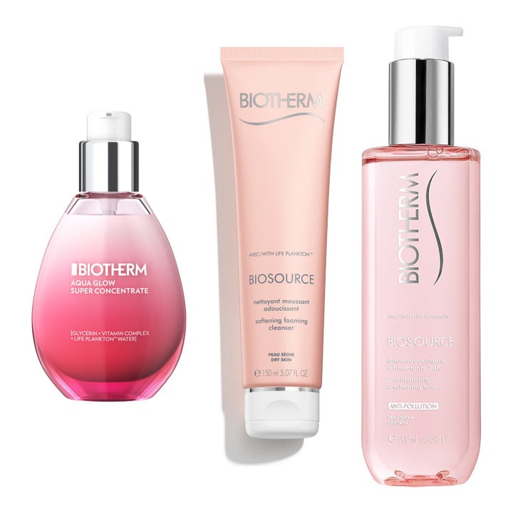 Biotherm Biosource ja Aqua Glow 200ml 150ml 50ml heleyttävä setti vaaleanpunaisissa pakkauksissa hopeisin yksityiskohdin