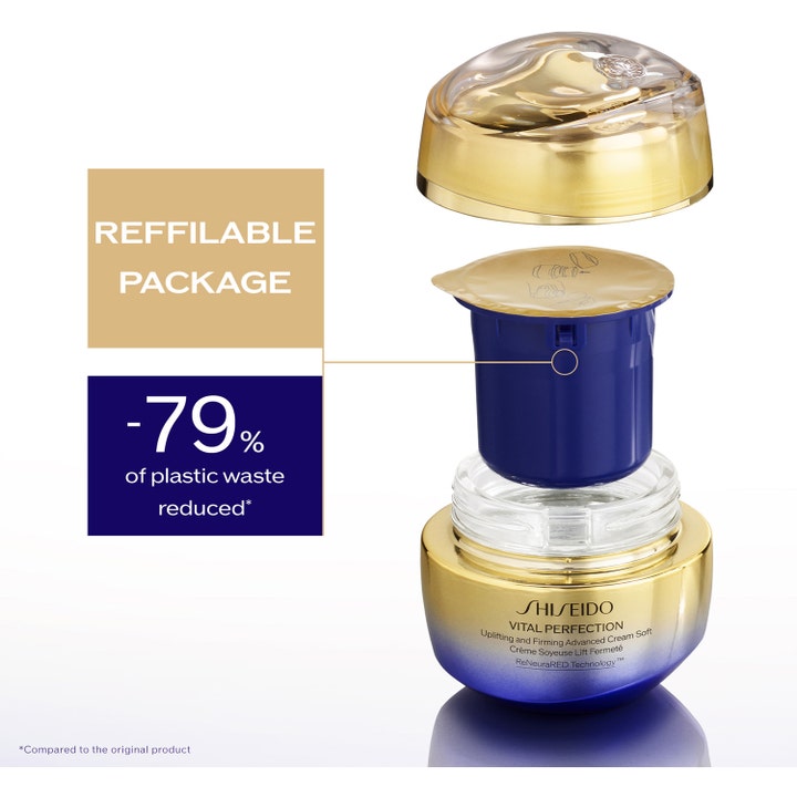 Shiseido Vital Perfection Advanced Soft Cream 50 ml täyttöpakkaus ja kultainen purkki vähentävät muovijätettä.