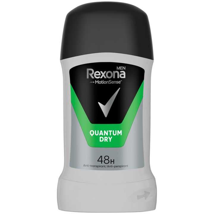 Rexona Men Quantum Dry 50 ml stick-deodorantti suojaa hikoilulta harmaassa pakkauksessa vihreillä yksityiskohdilla.