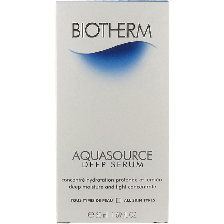 Biotherm Aquasource Deep Serum 50 ml syväkosteuttava seerumi valkoisessa pahvipakkauksessa jossa on sininen aaltokuvio