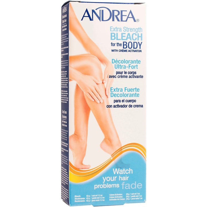 Andrea Extra Strength Bleach for the Body 70g vaalentaa ihokarvoja valkoisessa pahvipakkauksessa säärikuvalla.