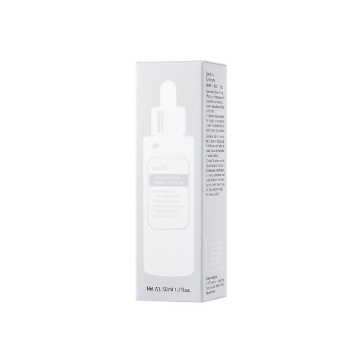 Klairs Fundamental Watery Oil Drop 50 ml kosteuttava seerumi valkoisessa pahvipakkauksessa heleyttää ihoa.