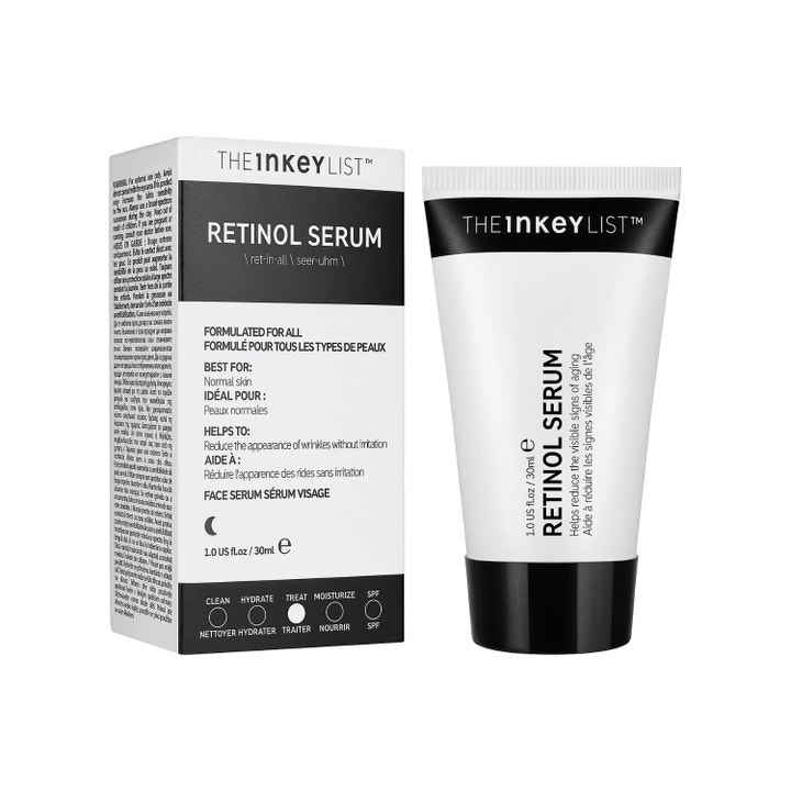 The INKEY List Retinol Serum 30 ml juonteita silottava kasvoseerumi mustavalkoisessa pahvipakkauksessa ja tuubissa.