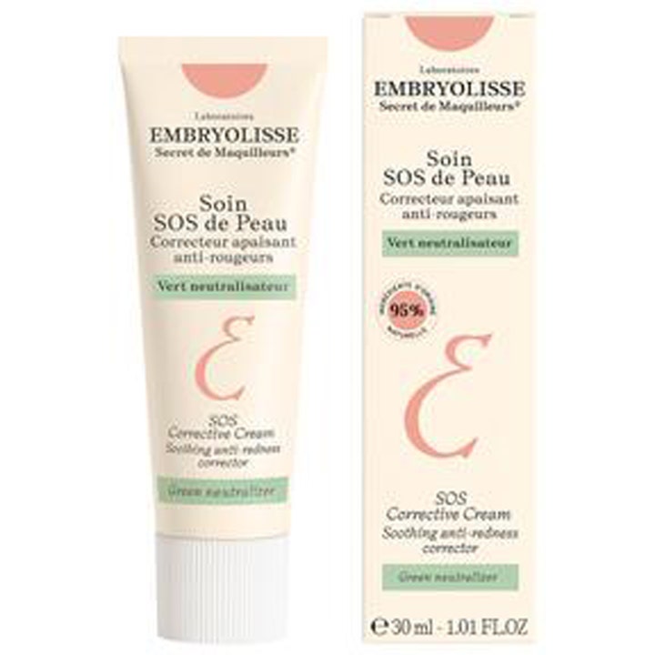 Embryolisse SOS Corrective Cream 30 ml punoitusta neutraloiva voide vaaleassa tuubissa ja vihreillä yksityiskohdilla.