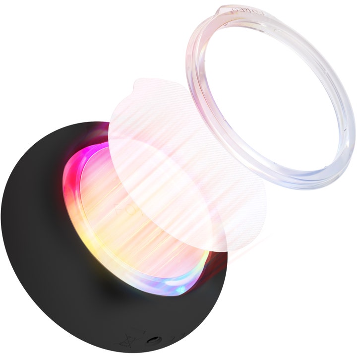 FOREO UFO™ 3 Black 1 kpl kasvohoitolaite näyttää laitteen LED-valon, kangasmaskin ja kirkkaan kiinnitysrenkaan.