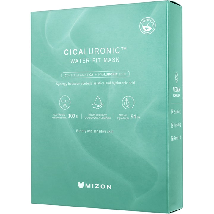 Mizon Cicaluronic Water Fit Mask 24 g rauhoittava kangasmaski vaaleanvihreässä vegaanisessa tuotepakkauksessa