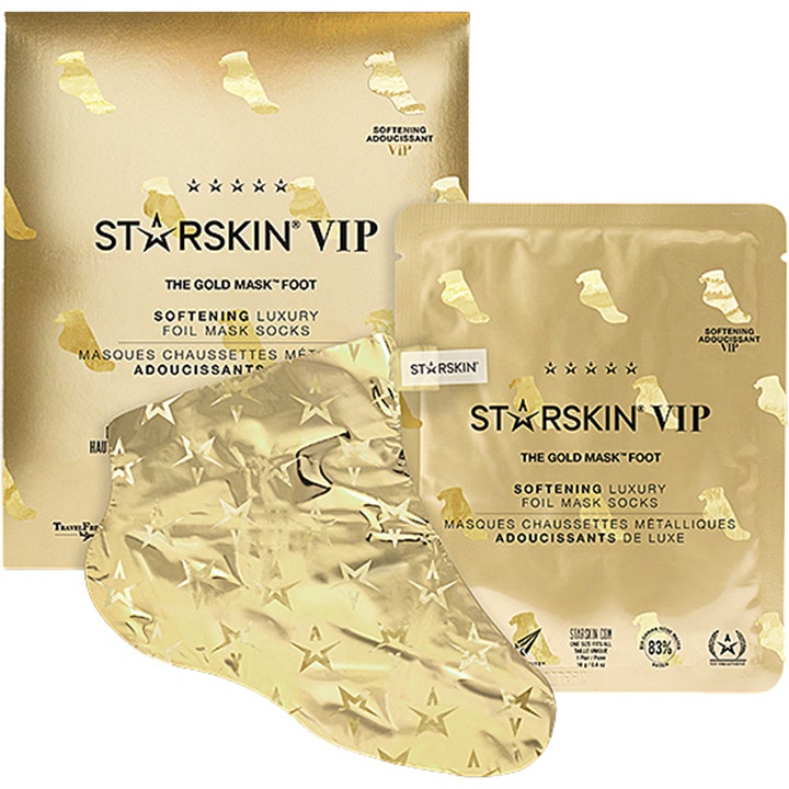 Starskin VIP The Gold Mask Foot 1 pari pehmentävä jalkanaamio kultaisessa pakkauksessa ja tähtikuvioiset foliosukat