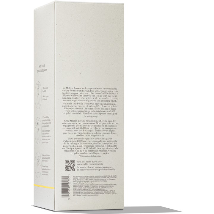 Molton Brown Orange & Bergamot Infinite Bath & Shower Gel 400 ml raikastava suihkugeeli valkoinen pahvipakkaus teksteillä.