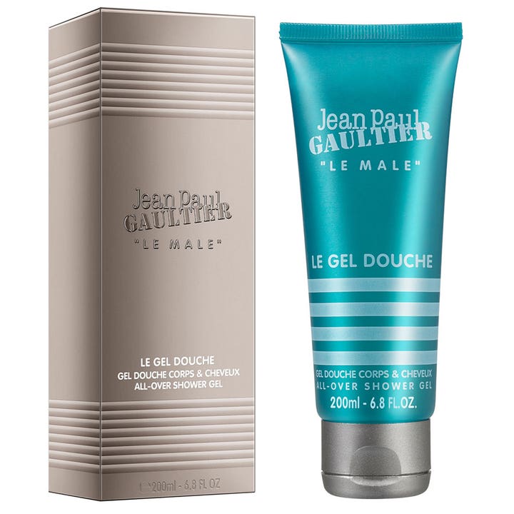 Jean Paul Gaultier Le Male 200 ml suihkugeeli ja hopeanvärinen pakkaus puhdistavat ihon ja hiukset.
