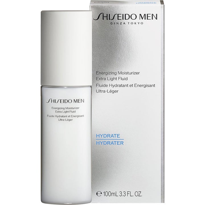 Shiseido Men Energizing Moisturizer 100 ml niasiiniamidi-ihonhoito valkoinen pumppupullo ja hopeinen pakkaus
