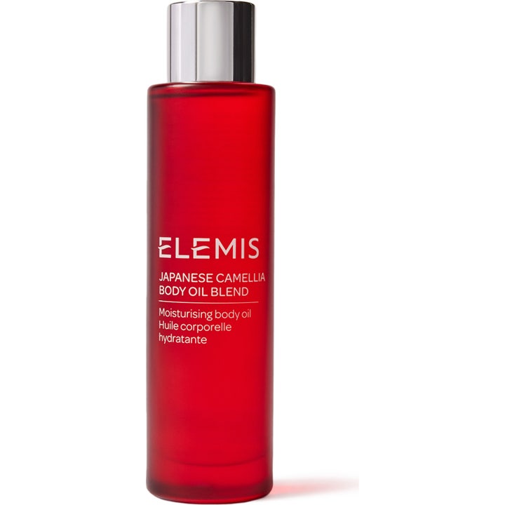 Elemis Japanese Camellia Body Oil Blend 100ml kosteuttava vartaloöljy huurteisessa punaisessa pullossa hopeisella korkilla