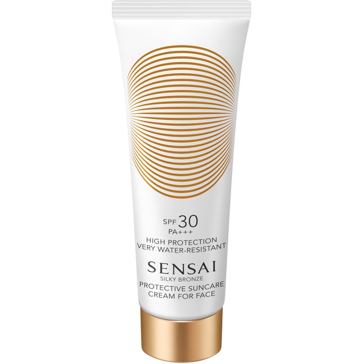 Sensai Silky Bronze Protective Suncare Cream For Face 50 ml SPF 30 aurinkovoide valkoisessa tuubissa kultaisella korkilla