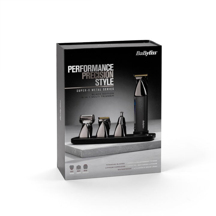 BaByliss Super X Metal 15 in 1 Multi-Trimmer 1 kpl partatrimmeri mustassa pakkauksessa vaihtopäineen.