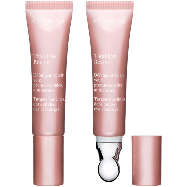 Clarins Total Eye Revive 15 ml silmänympärysvoide tummia silmänalusia vastaan vaaleanpunaisessa tuubissa metallikärjellä